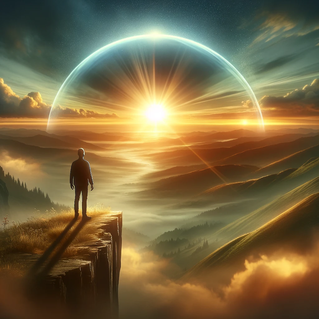 A hopeful person standing at the edge of a cliff, looking at a vast horizon where the sun is rising, symbolizing new beginnings and unexpected fortune. The image should convey a sense of hope, transformation, and the anticipation of positive change, embodying the theme of moving from a difficult period in life to a moment of significant luck and happiness, such as winning a lottery after a tough time. The landscape is serene and beautiful, with the rising sun casting a warm glow over the scene, highlighting the concept of dawn after darkness.