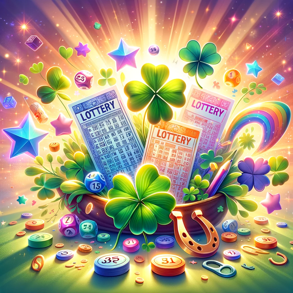 A bright and optimistic illustration featuring a variety of lottery tickets surrounded by symbols of luck such as four-leaf clovers, horseshoes, and shining stars. The image should evoke a sense of excitement and possibility, with vibrant colors that suggest wealth and prosperity. This should be an inviting scene that captures the thrill of participating in the lottery, while also incorporating whimsical elements that represent the various superstitions and myths associated with lottery winnings. The background can be a blend of soft, glowing hues to enhance the magical and hopeful atmosphere.