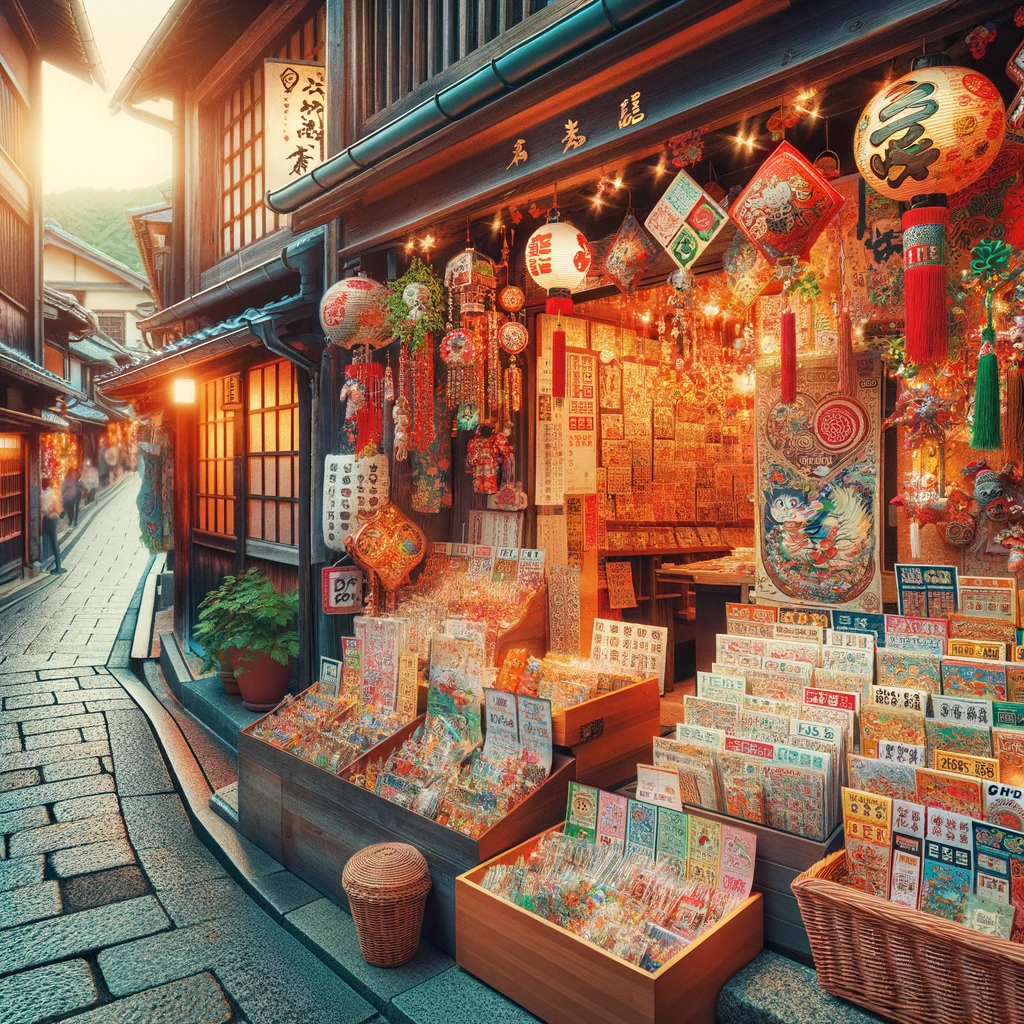 A picturesque scene of a lucky charm shop nestled in a traditional Japanese street, with vibrant decorations and a welcoming atmosphere. The shop is filled with various lucky charms and lottery tickets, showcasing a blend of tradition and hopes for fortune. The setting is in a bustling street of a famous hot spring town, capturing the essence of cultural richness and the pursuit of luck. The image should evoke feelings of warmth, excitement, and anticipation for good fortune, reflecting the unique charm of buying lottery tickets in a culturally rich environment.