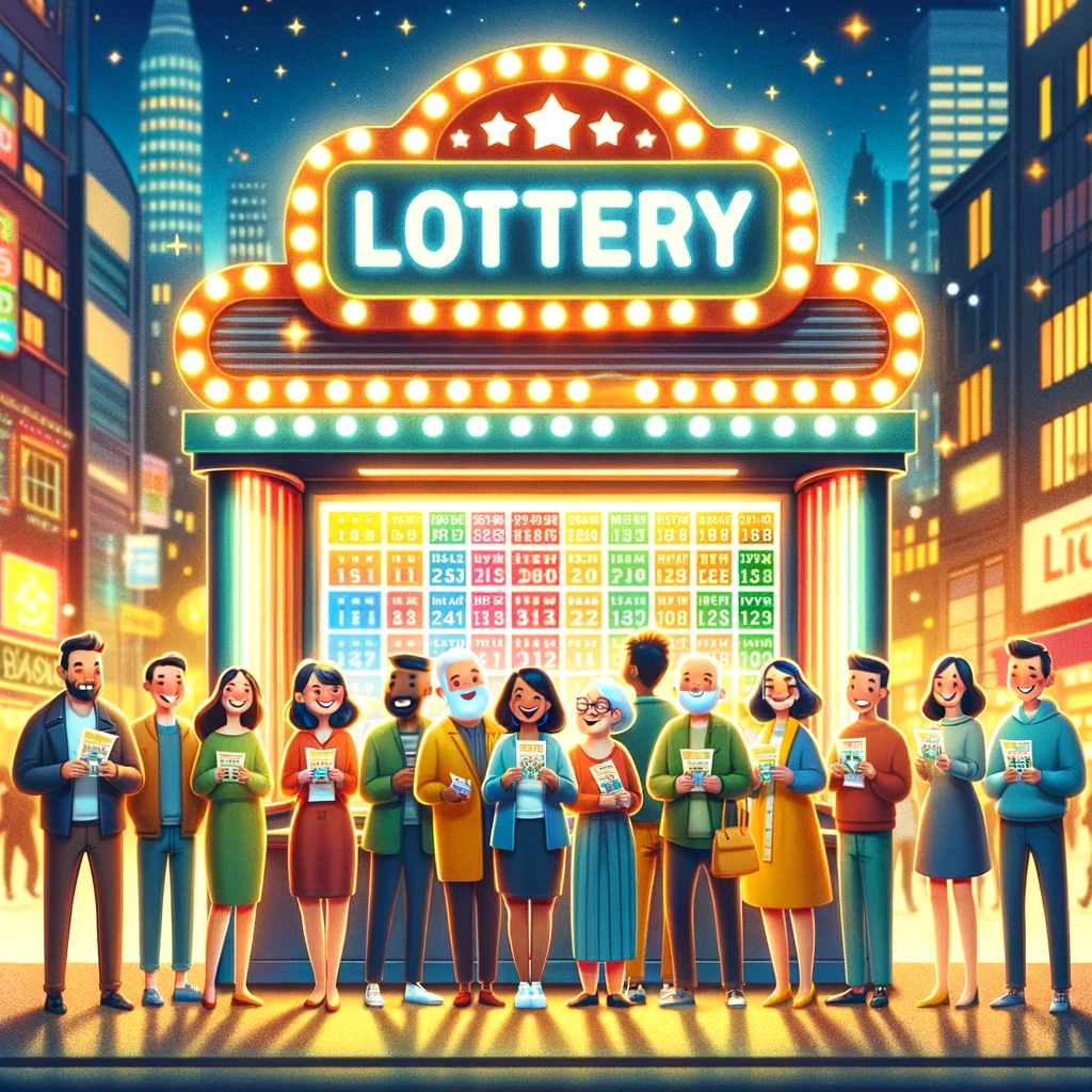 A cheerful and inviting scene of a diverse group of people standing in front of a brightly lit lottery ticket booth, with colorful lottery tickets visible in their hands. The background features a bustling city street in the evening, with the booth illuminated by warm lights, creating a sense of excitement and anticipation. The scene encapsulates the joy and hope people feel when buying lottery tickets, with expressions of happiness, curiosity, and optimism on their faces.