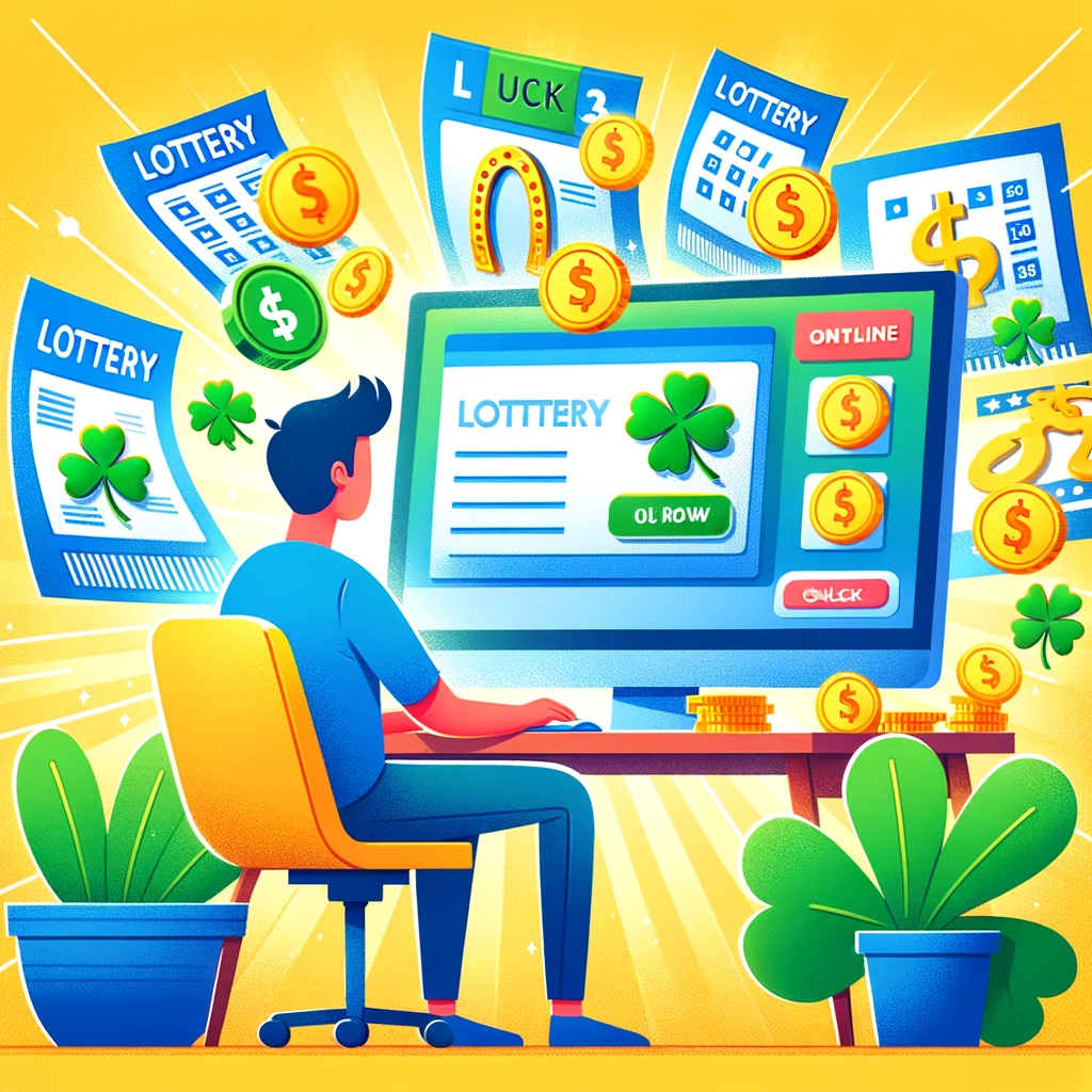 A colorful and optimistic illustration of a person sitting at a computer, purchasing lottery tickets online with a variety of lottery tickets floating around the screen, showing symbols of luck like four-leaf clovers, horseshoes, and gold coins. The background is bright and inviting, symbolizing hope and the possibility of winning. The style is vibrant and cartoon-like, making the concept of online lottery fun and accessible.