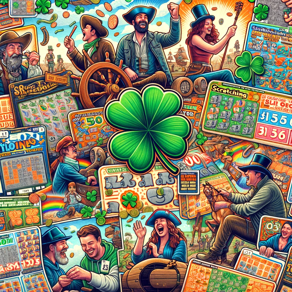 A colorful and engaging illustration depicting the excitement and variety of scratch lottery tickets, including scenes of people of diverse ages and backgrounds joyfully scratching tickets, a variety of scratch ticket designs with themes like pirates and treasure chests, and symbols of luck like four-leaf clovers and horseshoes. The illustration should capture the anticipation of revealing a win and the joy of discovering a prize, all set against a background that suggests a festive and hopeful atmosphere.