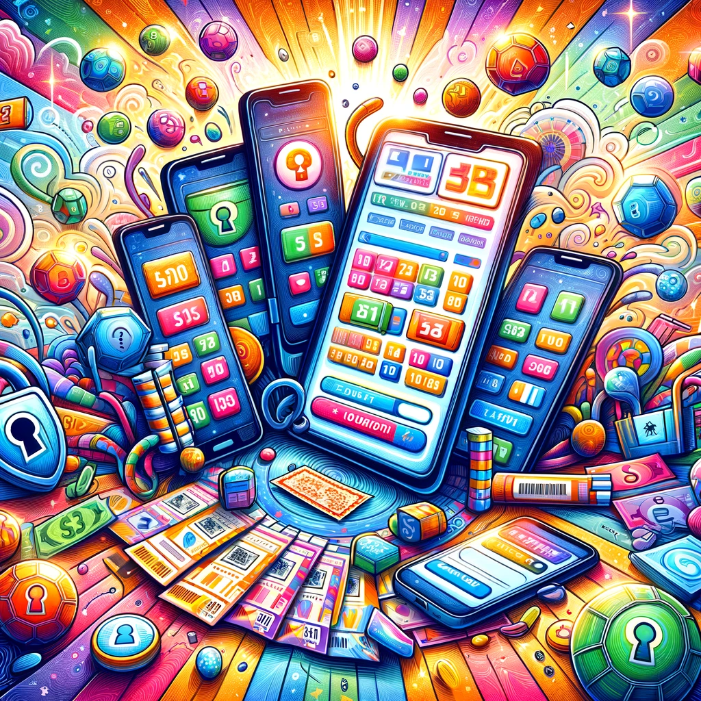 A vibrant and engaging illustration featuring a variety of lottery tickets and digital devices such as smartphones and tablets displaying lottery apps, surrounded by symbols of security like locks and shields to represent safety in online lottery ticket purchasing. The background is filled with light and joyful colors to convey a sense of excitement and optimism. The image should evoke the feeling of convenience and trustworthiness in using technology for lottery purchases, while also highlighting the fun and anticipation of potentially winning big.