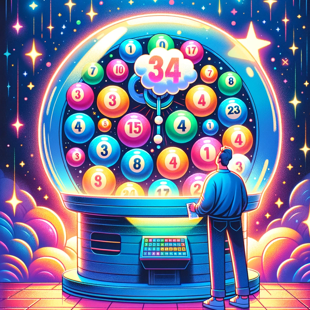 A colorful and engaging illustration showing a person standing in front of a large, glowing lottery ball machine filled with numbered balls from 1 to 43. The person is holding a lottery ticket and looking excitedly at the machine, with a thought bubble above their head imagining a jackpot prize. The background is filled with stars and sparkles, symbolizing luck and fortune. The style is vibrant, inviting, and captures the essence of hope and anticipation associated with playing the lottery.