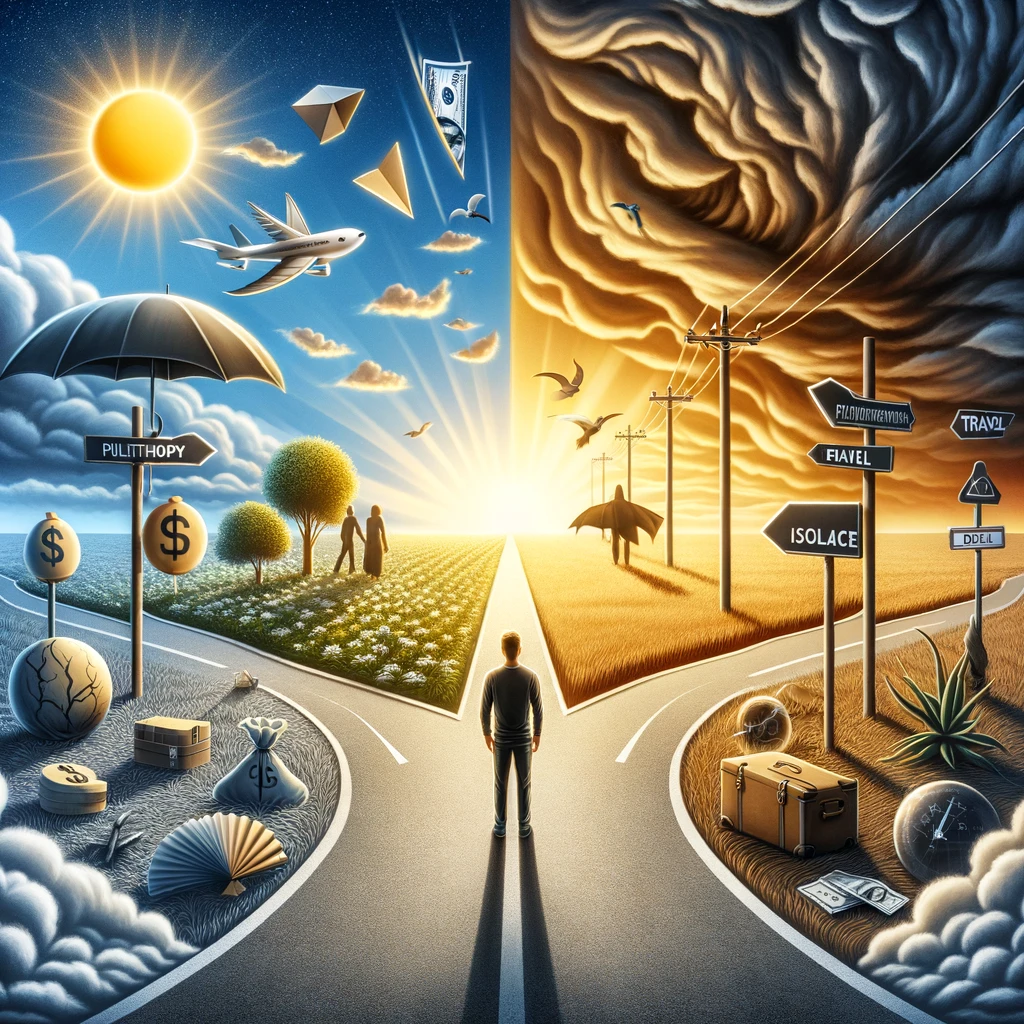 A symbolic representation of the life changes after winning the lottery, showing both the positive aspects like travel and philanthropy, and the negative aspects like isolation and financial mismanagement. The image should capture the contrast between the dream of wealth and the potential reality, with elements like a half sunny and half stormy sky, a person standing at a crossroad deciding between two paths, one leading towards a sunny horizon with symbols of dreams and goals, and the other towards a stormy path with pitfalls and warning signs. The image should evoke a sense of decision, contemplation, and the dual nature of sudden wealth.
