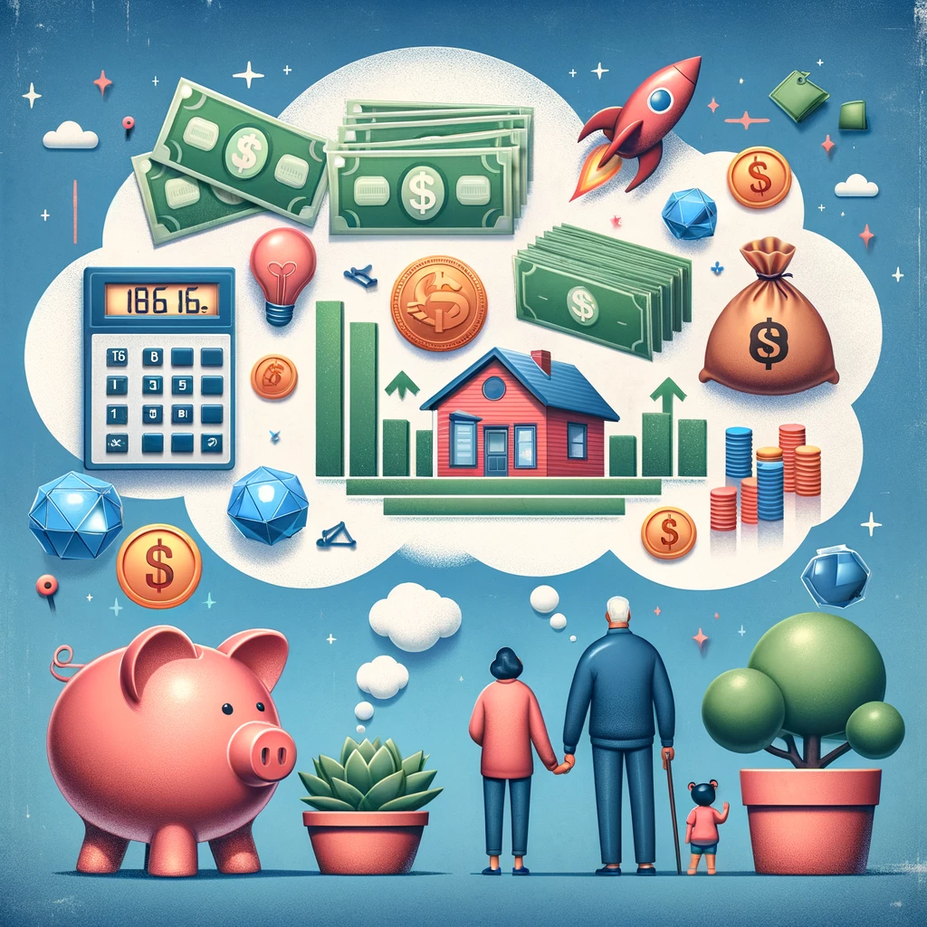A conceptual illustration representing the dream and planning involved in winning the lottery, featuring symbolic elements such as lottery tickets, a piggy bank, a family dreaming together, investment symbols like stocks and real estate, and a discreet envelope to symbolize privacy. The imagery should be positive, inspiring, and convey the idea of smart financial planning and the joy of a windfall.