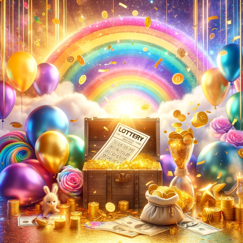 Create an image that embodies the excitement and whimsy of winning the lottery, featuring a variety of elements such as a golden ticket, colorful balloons, confetti, a treasure chest overflowing with gold coins, and a rainbow in the background to symbolize luck and fortune. The setting should evoke a sense of joy and wonder, capturing the dreamlike feeling of suddenly coming into a vast amount of wealth. The scene should be vibrant and filled with light, suggesting a celebration of unexpected success.