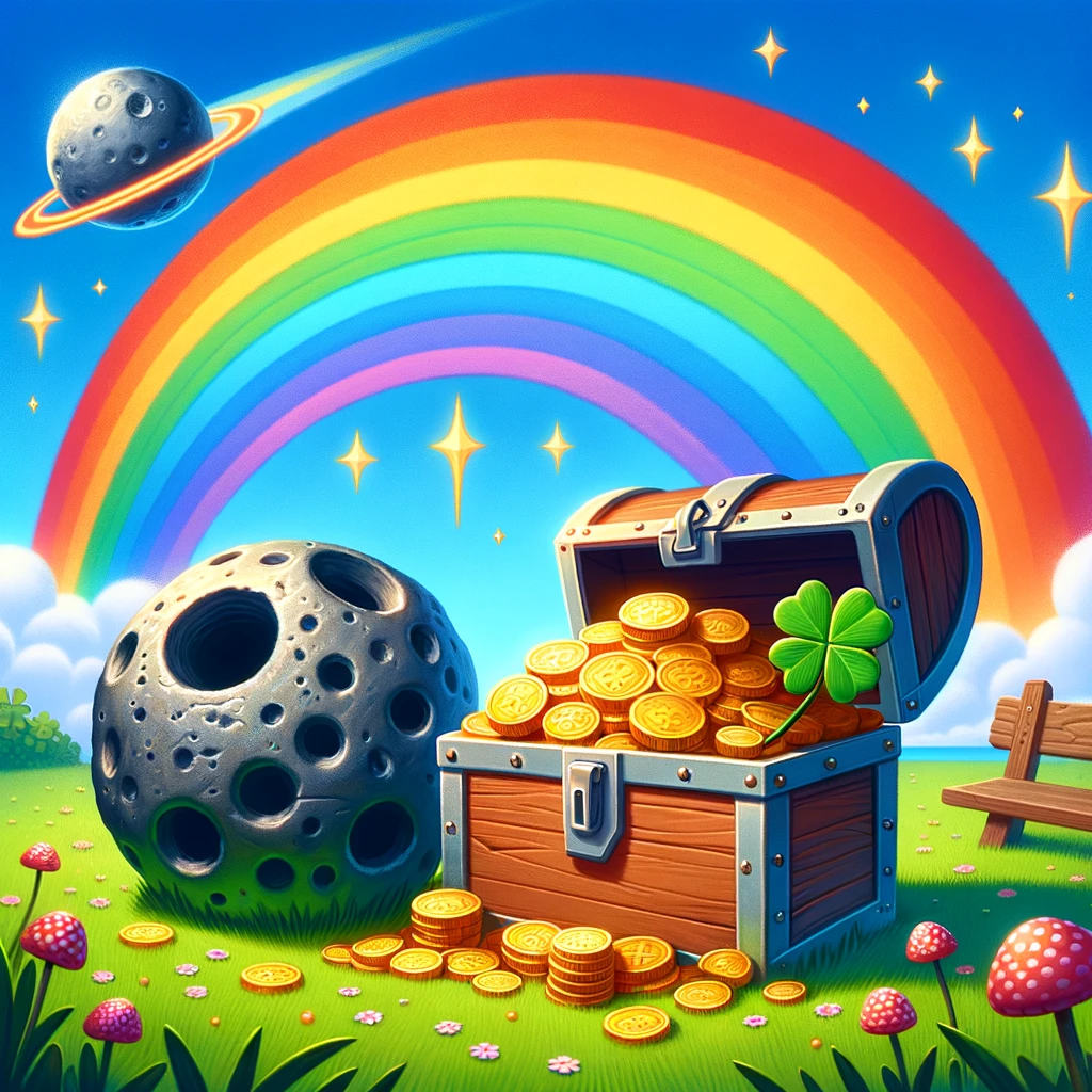 A colorful and whimsical illustration that represents the concept of luck and the rarity of events. The image includes a bright, vibrant rainbow arching over a treasure chest overflowing with gold coins, set against a backdrop of a clear blue sky. In the foreground, a small, cartoonish meteorite is humorously lodged into the ground next to a clover field, where a four-leaf clover stands out prominently. This scene encapsulates the themes of fortune, rare occurrences, and the whimsy of chasing dreams, making it perfect for a blog discussing the odds of winning the lottery compared to other unlikely events.